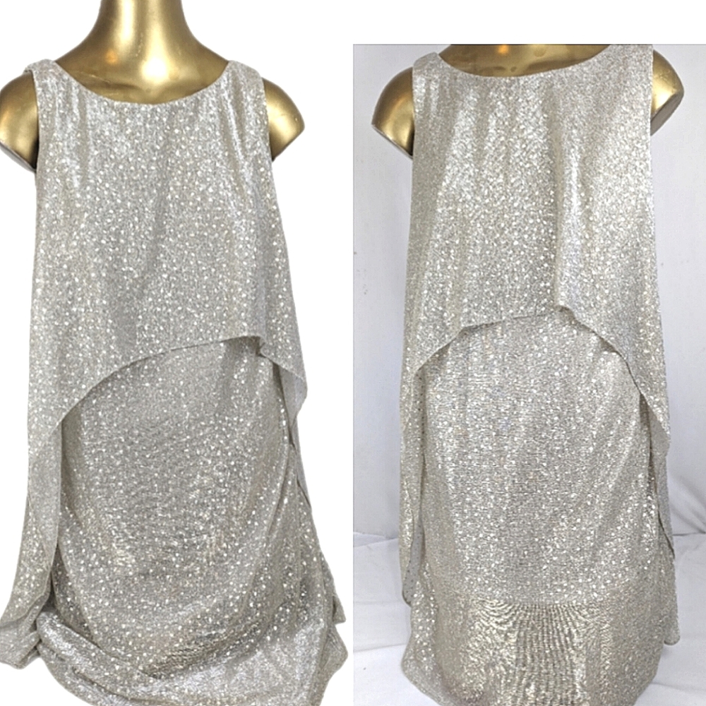 SLNY Golden Shimmery Dress with Drape Feature - Sophisticated Sparkle